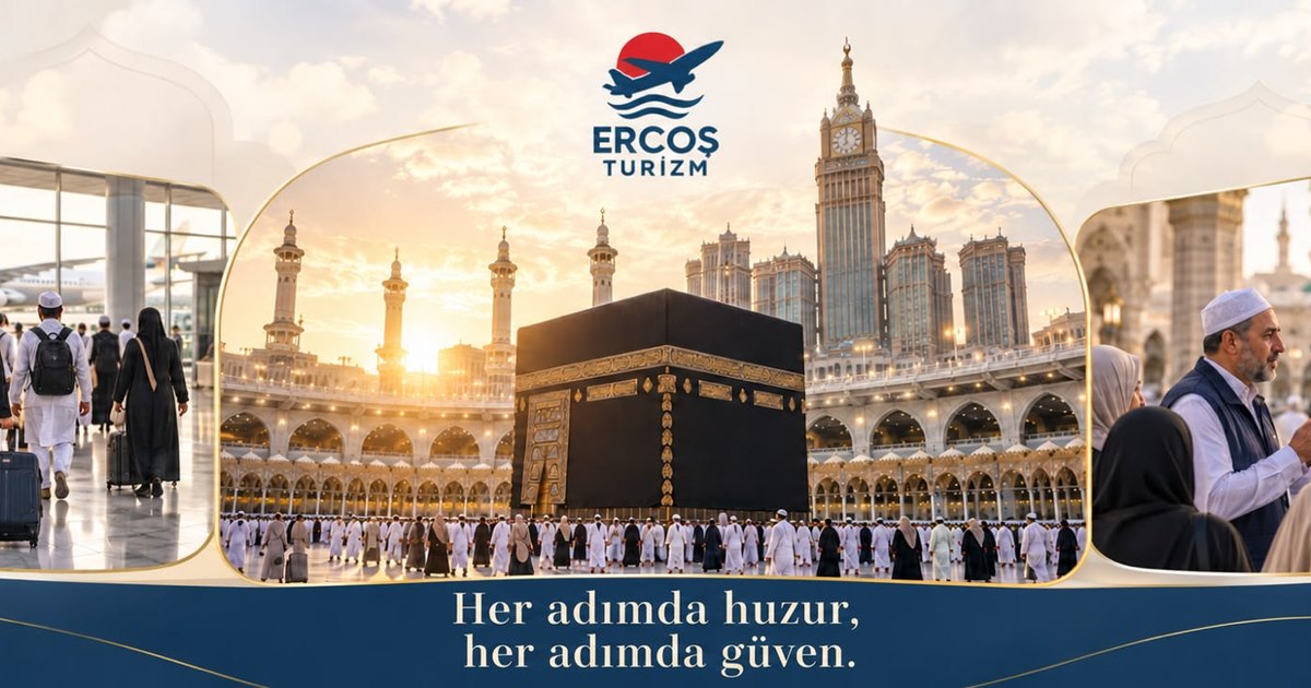 Ercoş Turizm — Kâbe ve Mescid-i Haram'da umre yapan hacı adayları. Her adımda huzur, her adımda güven.